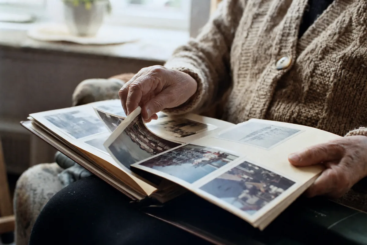 Older hands turn a page in a photo album resting on a lap.
