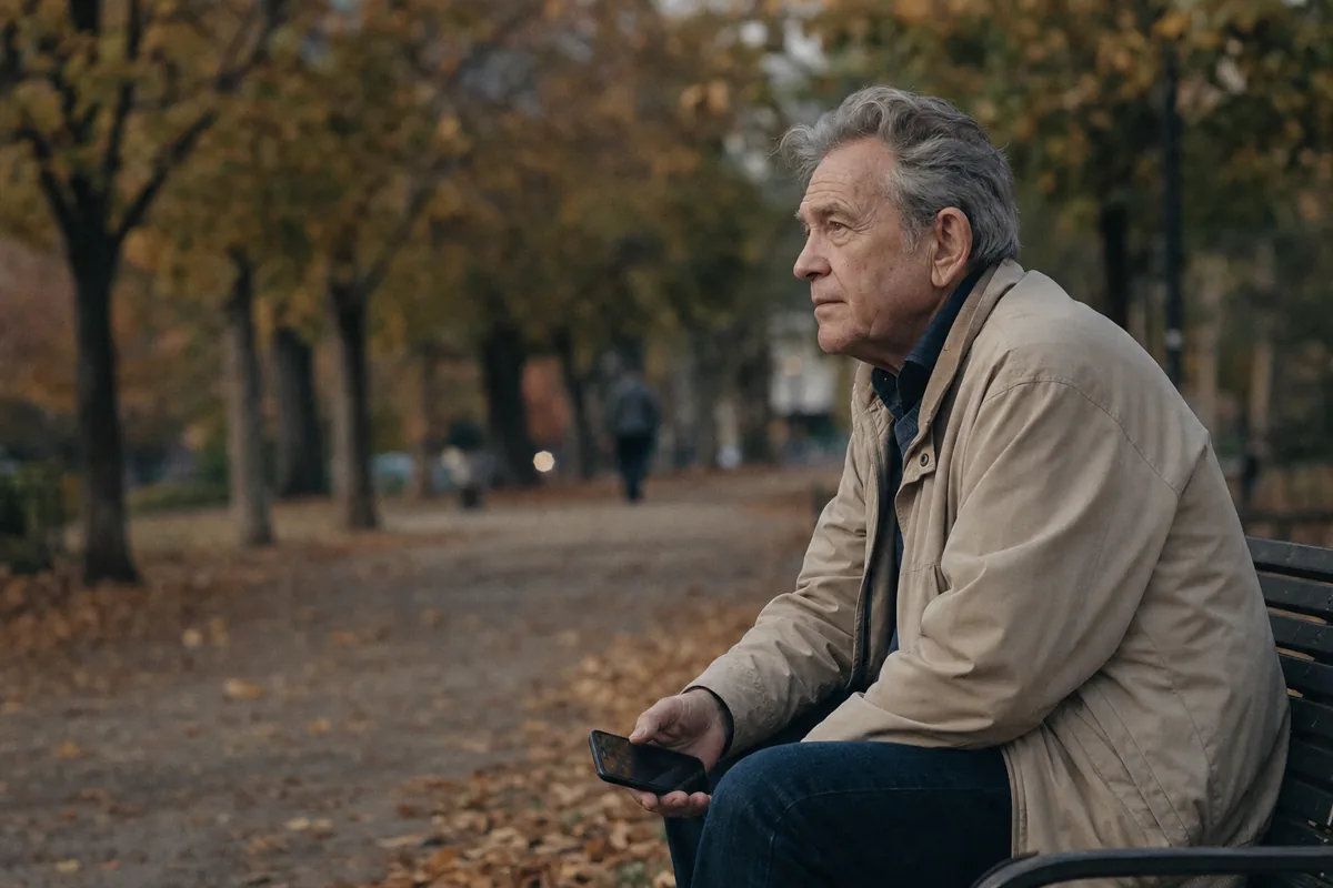 A man sits on a park bench with a phone resting in one hand.