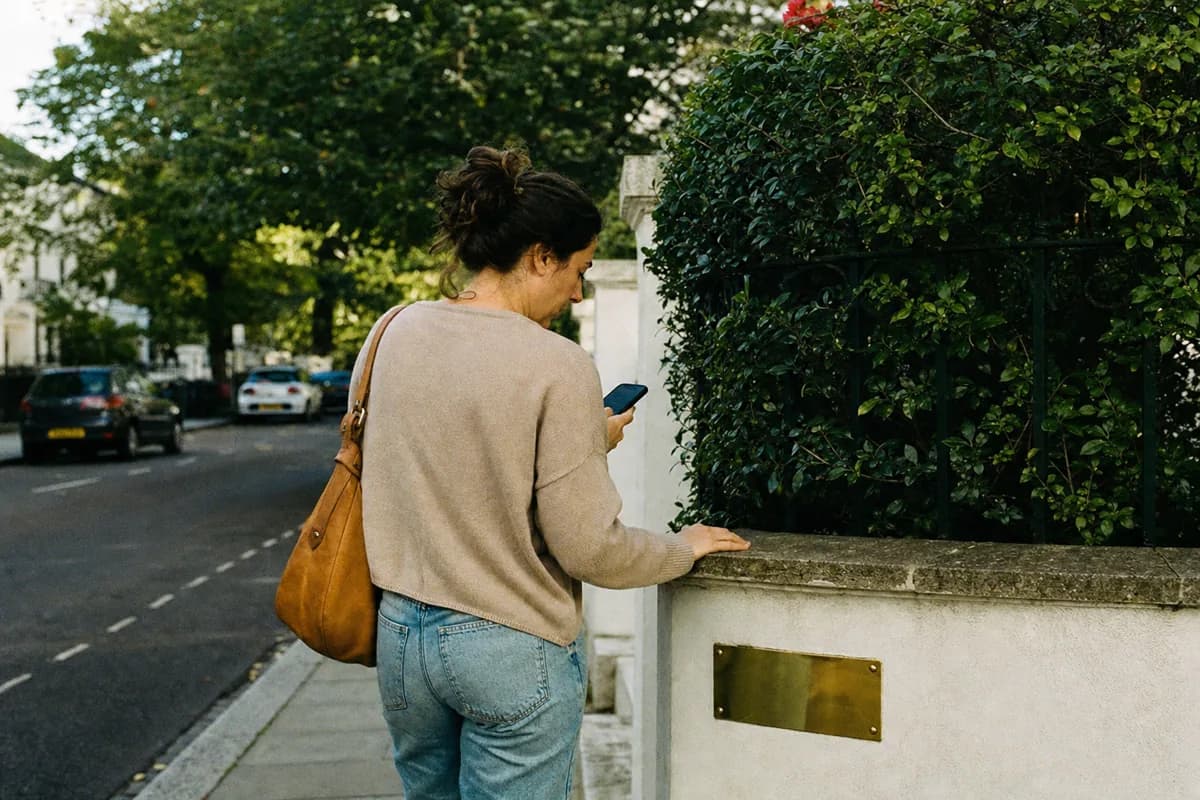 A woman reads from her phone beside a low garden wall.