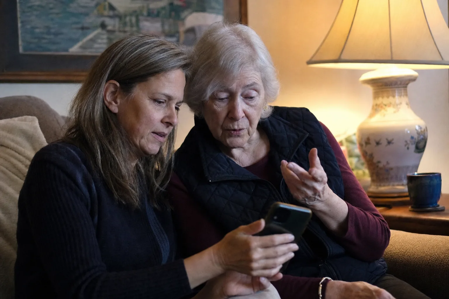 A mother and adult daughter sit together on a sofa looking at a phone.